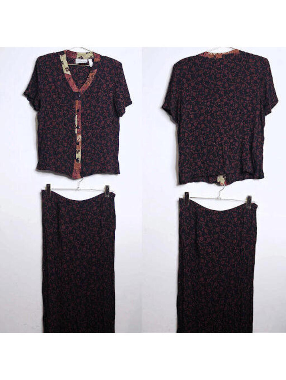VTG Dark Black Burgundy Paisley Blouse Skirt Boho Whimsy Set - Large